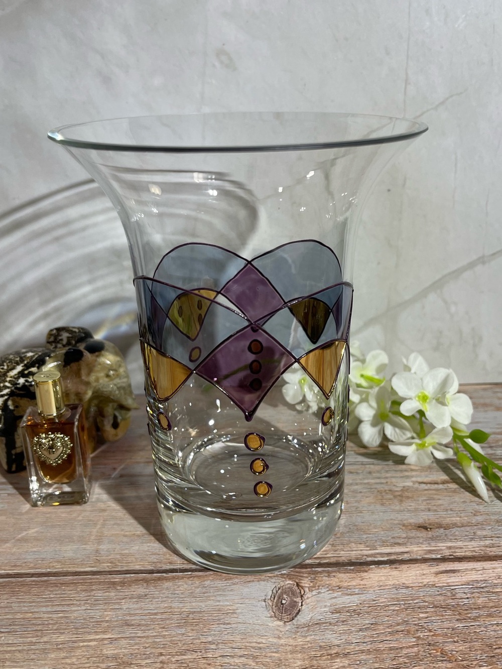 Romanian Art Glass Vase Hand Painted VTG 1980s